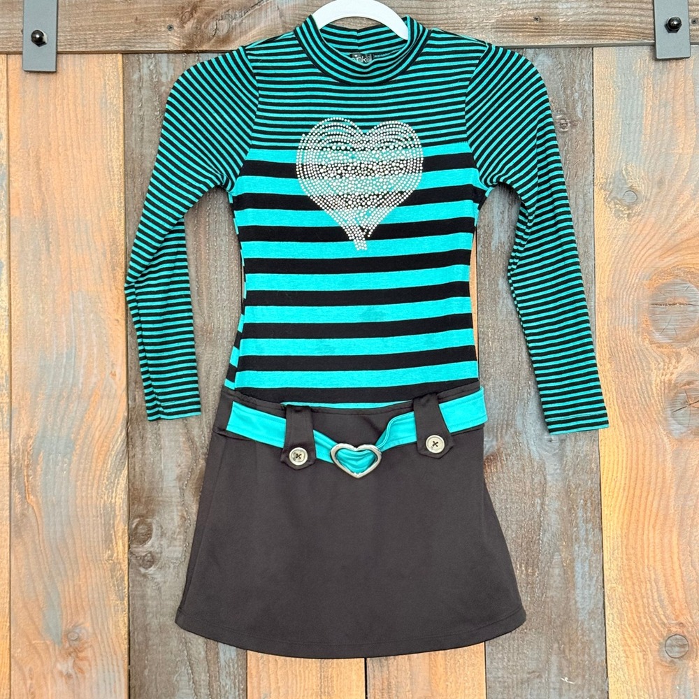Pink & Violet Girls Teal Black Striped Rhinestone Heart‎ Belted Dress L 10/12